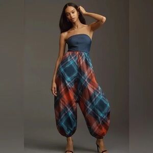 ANTHROPOLOGIE MAUVE Gathered Balloon Jumpsuit Plaid Blue Size XS